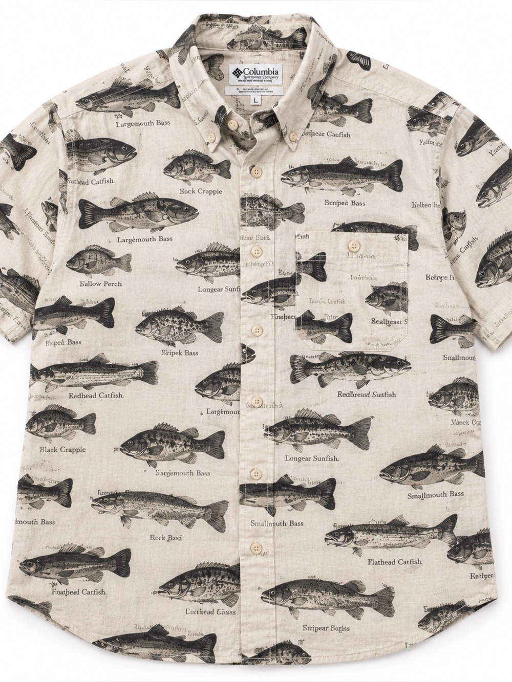 Vintage Columbia Fish Print Button Up Shirt Men’s Large Fishing Shirt 100% Cotto